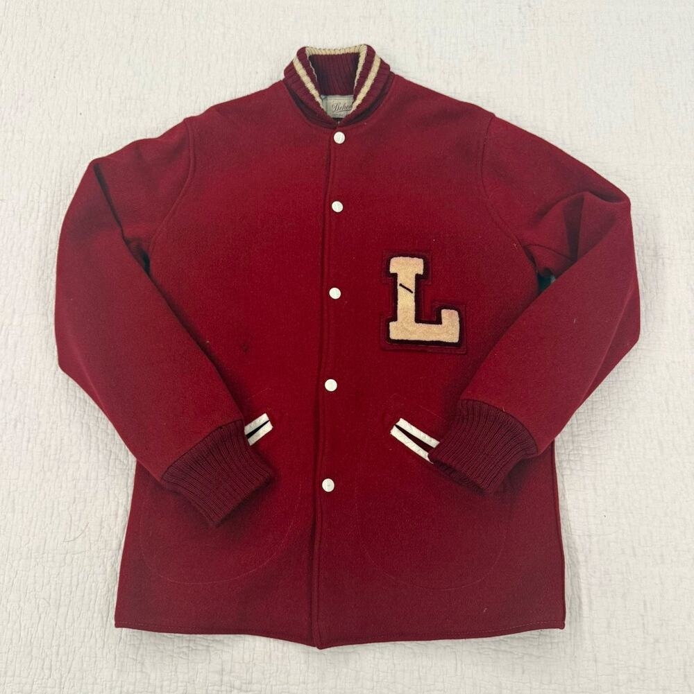Vintage Dehen Red Wool Lined Varsity Jacket M 42" Chest Button Front Patch
